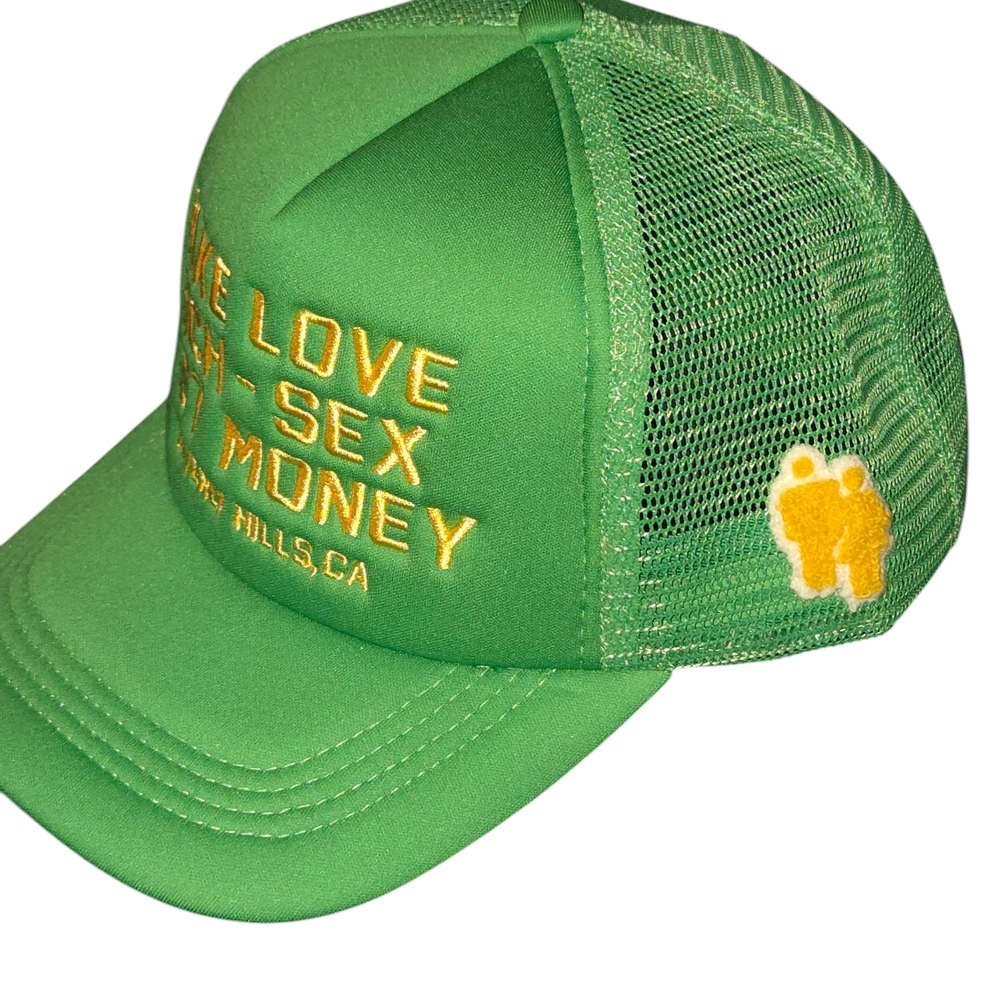 Homme Femme - Green FAKE LOVE Trucker Hat with Yellow Embroidery - NEW